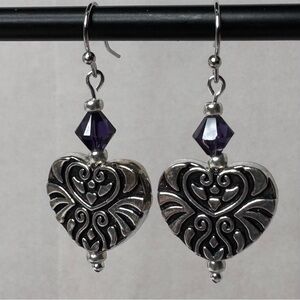 Hand Crafted Crystal & Antique Heart Dangle Earrings Dark Purple Silver 1.5” NWT